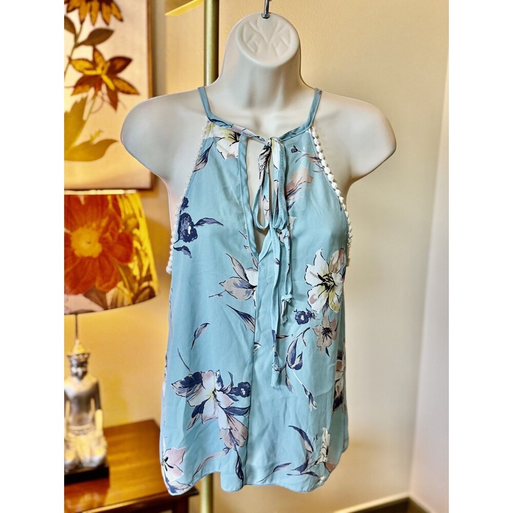 Olive Tree Women's Blue Floral Print Halter Top Blouse Size Medium